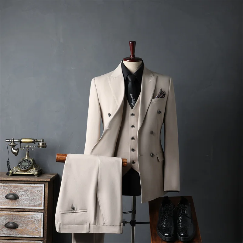 

H77 Spring and Autumn Double Breasted Suit Men's Striped Business Casual Suit Korean Slim Groom Wedding Dress