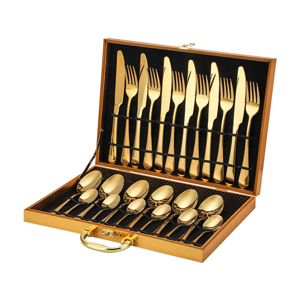 

24 piece set of stainless steel tableware, 1010 goldwood box, Western style steak knife, fork, spoon, 4-piece set of wooden box