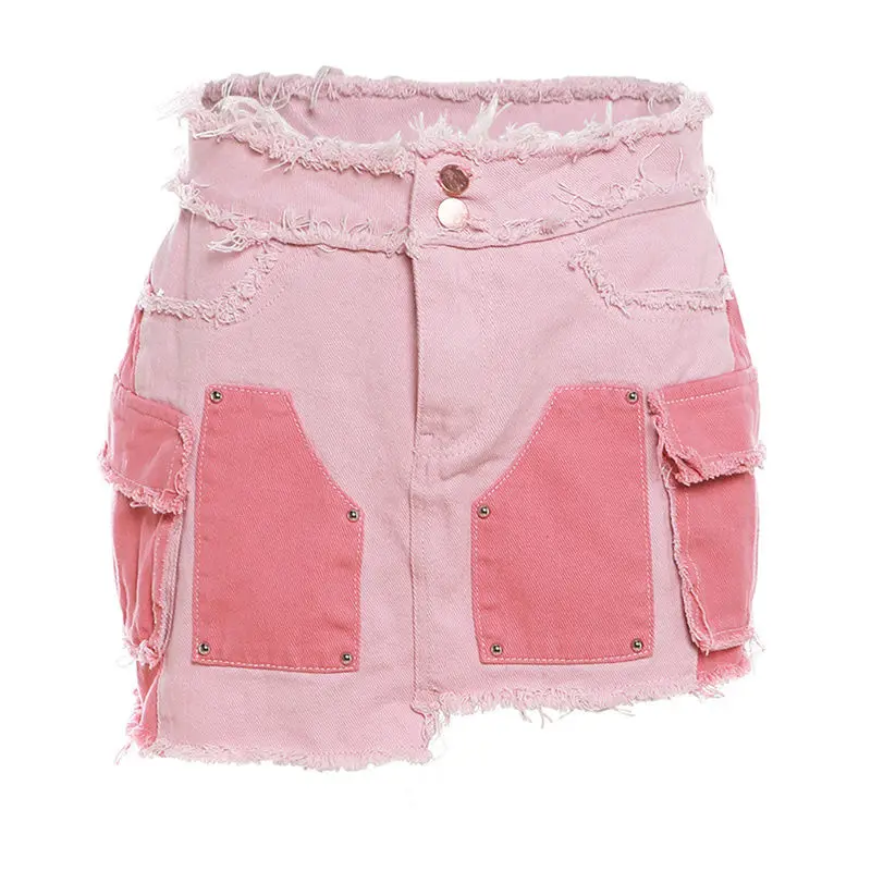 Denim Suit Contrast Color Raw Edge American Street Hot Girl Cool Hipster Single-Breasted Jacket+Peach Hip Skirts Pocket Matching
