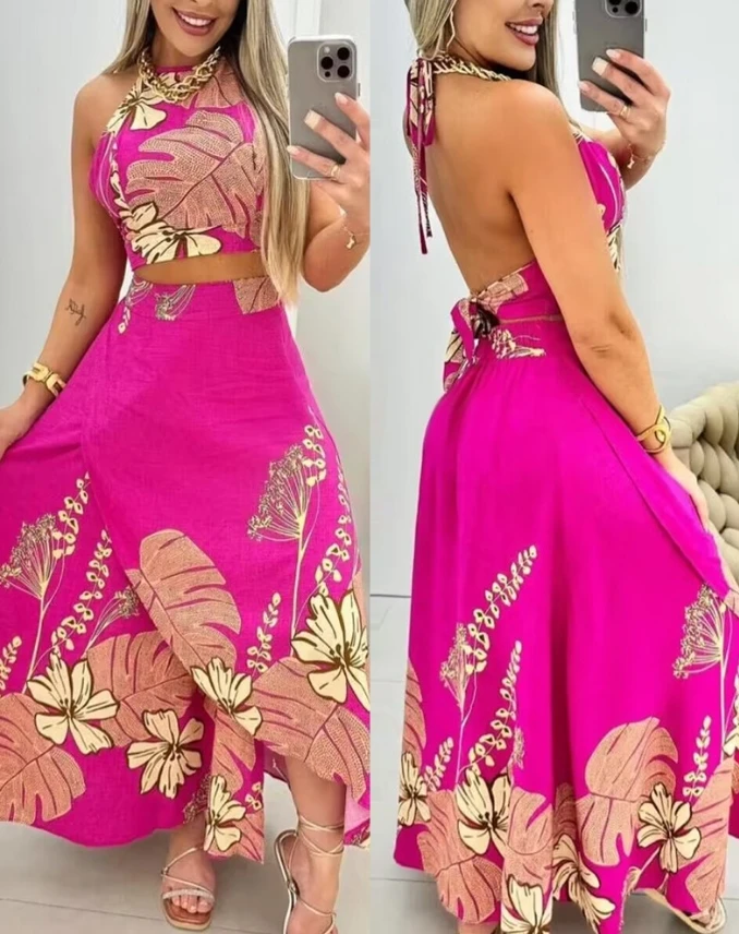 Summer Casual Two Piece Set Women Tropical Palm Leaf Floral Print Halter Tied Detail Backless Vest Top and Pleat Midi Skirt Set