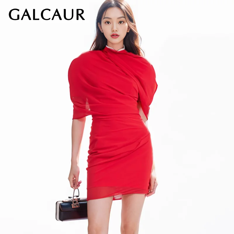 

GALCAUR Sexy Solid Patchwork Folds Dress For Women Round Neck Short Sleeve Backless High Waist Slimming Bodycone Dresses Female