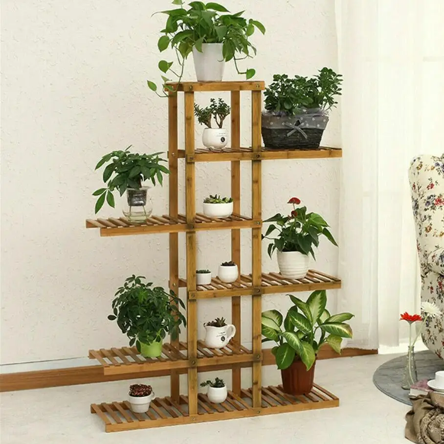 6 Tiers Wood Flower Planter Pot Stand Display Rack Indoor Outdoor Garden Holder