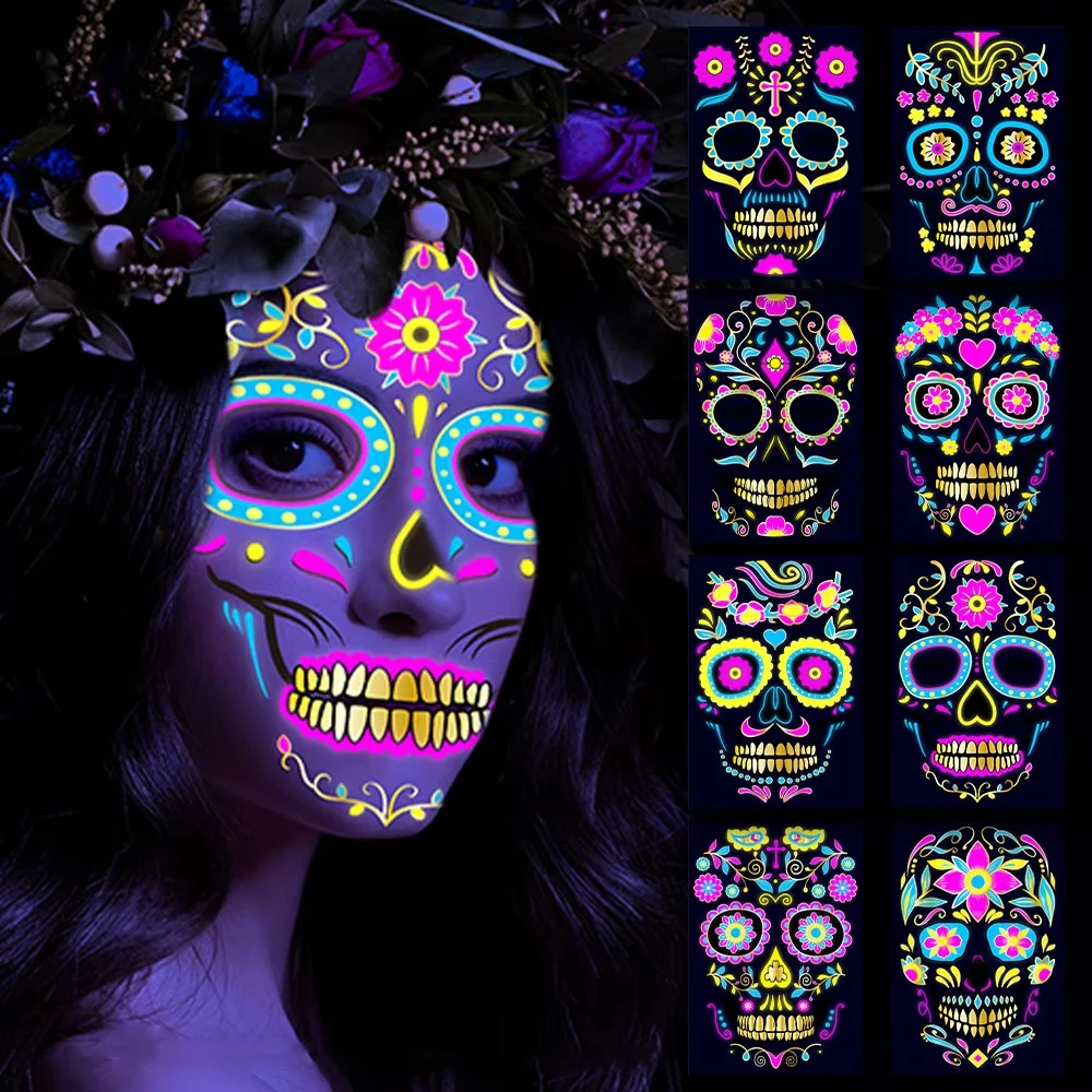 1/4/8 stücke Fluoreszierende Wasserdichte Gesicht Tattoo Temporäre Gesicht Aufkleber Für Halloween Musik Konzert Party Nachtclub Make-Up tattoos