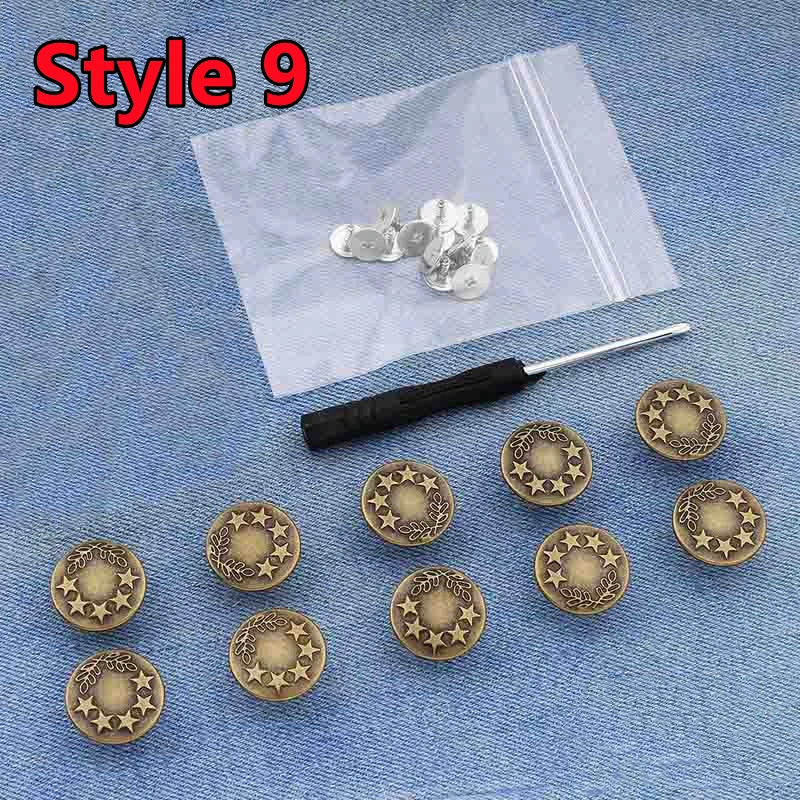 Jeans Button Replacement Kit - 10PCS No-Sew Metal Button Set with Easy Attach Pins
