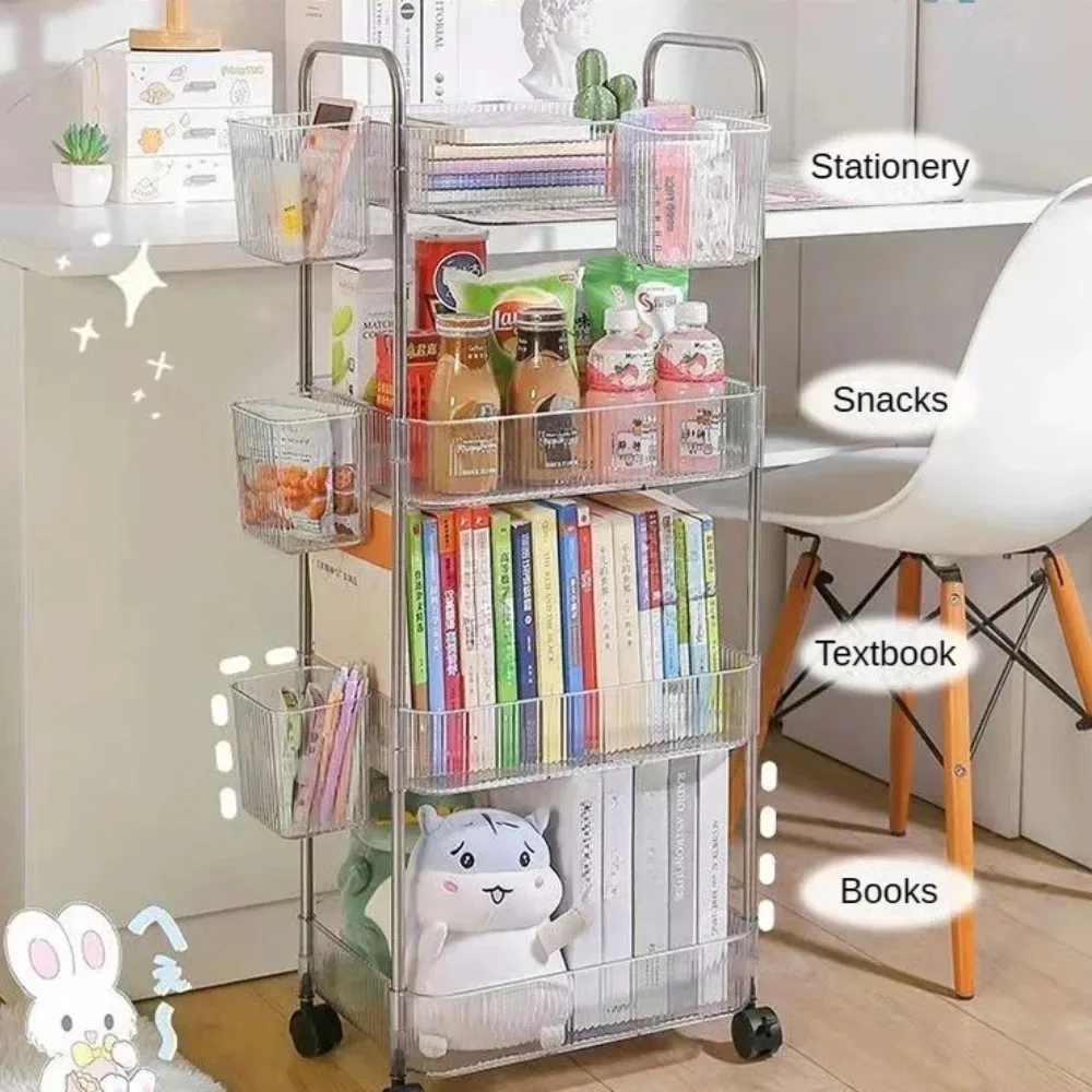 Trolley 4 Layers Acrylic Rolling Cart Removable Hanging Baskets Acrylic Snacks Makeup Bookshelf