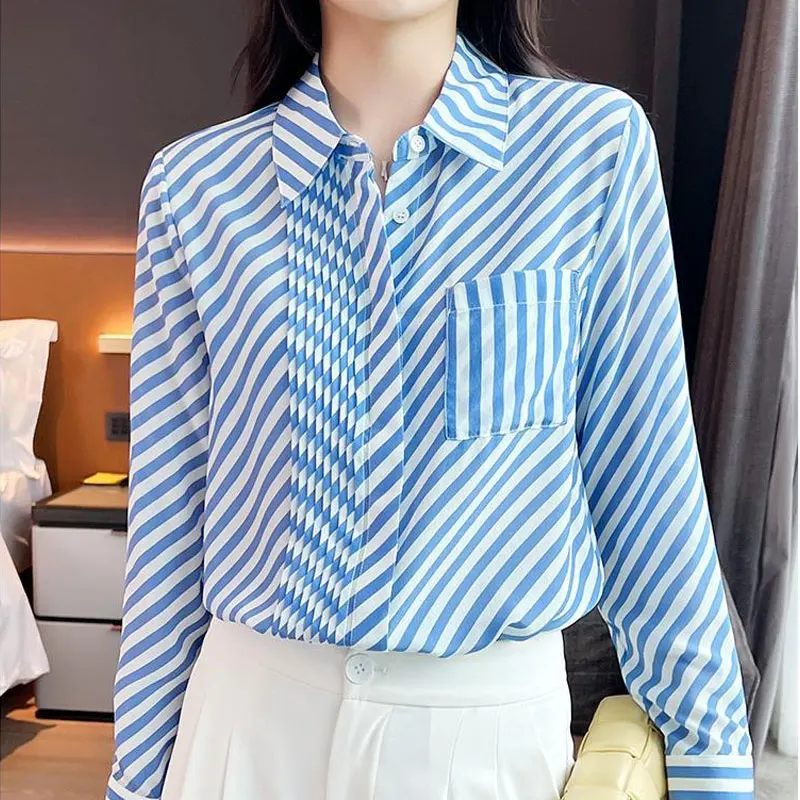 

Commute Women's Clothing 2023 Striped Shirt Spring Autumn Single-breasted Stylish Shirring All-match Loose Long Sleeve Blouse