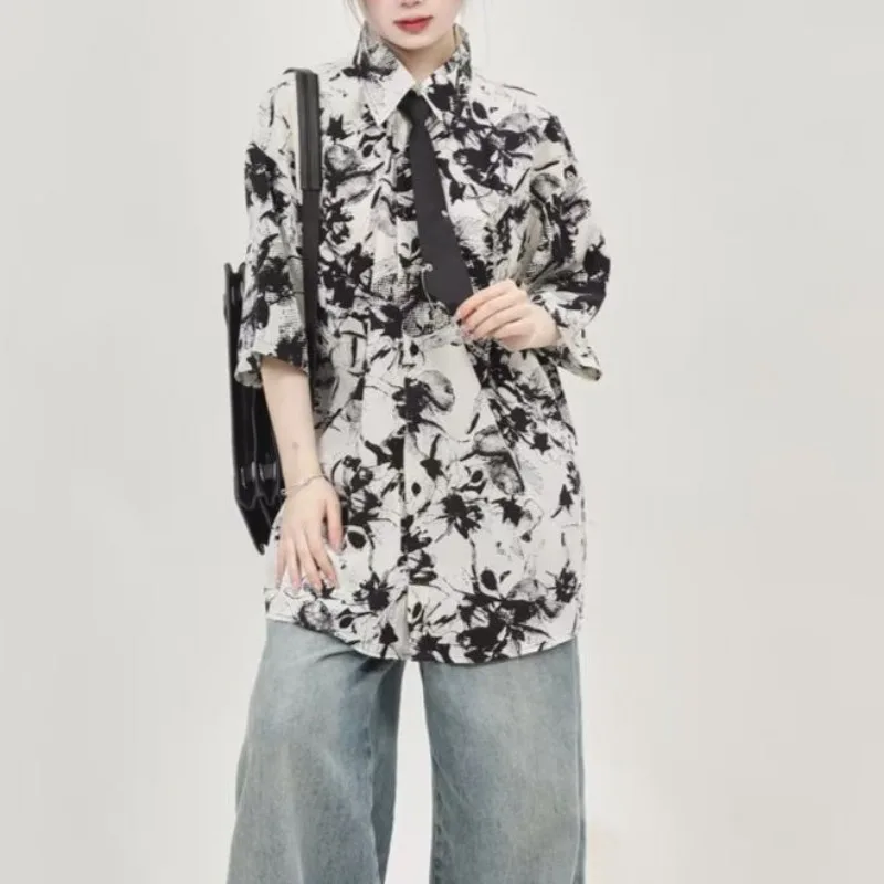 EBAIHUI Summer Ice Silk Short Sleeved Women Shirt Ink Paint Print Blouse Loose Versatile Korean Flower Blusas Holiday Style Top