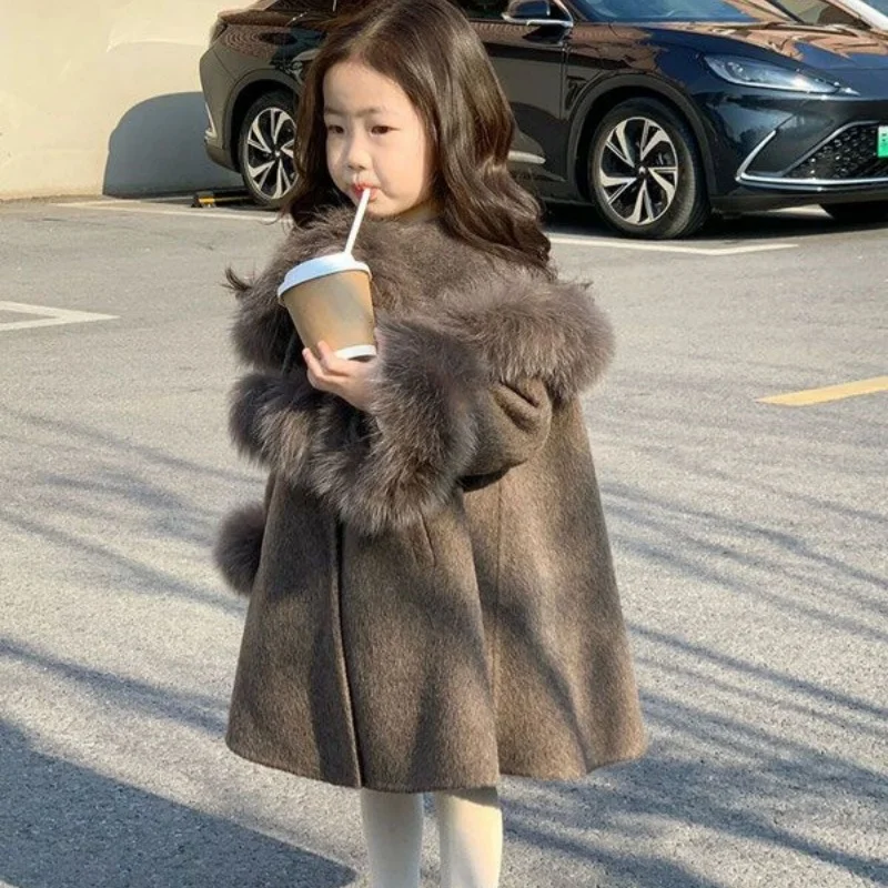 Kids jacket girls woolen coat overcoat jacket windbreak brown warm plus thicken autumn winter cotton teenagers children's clothing