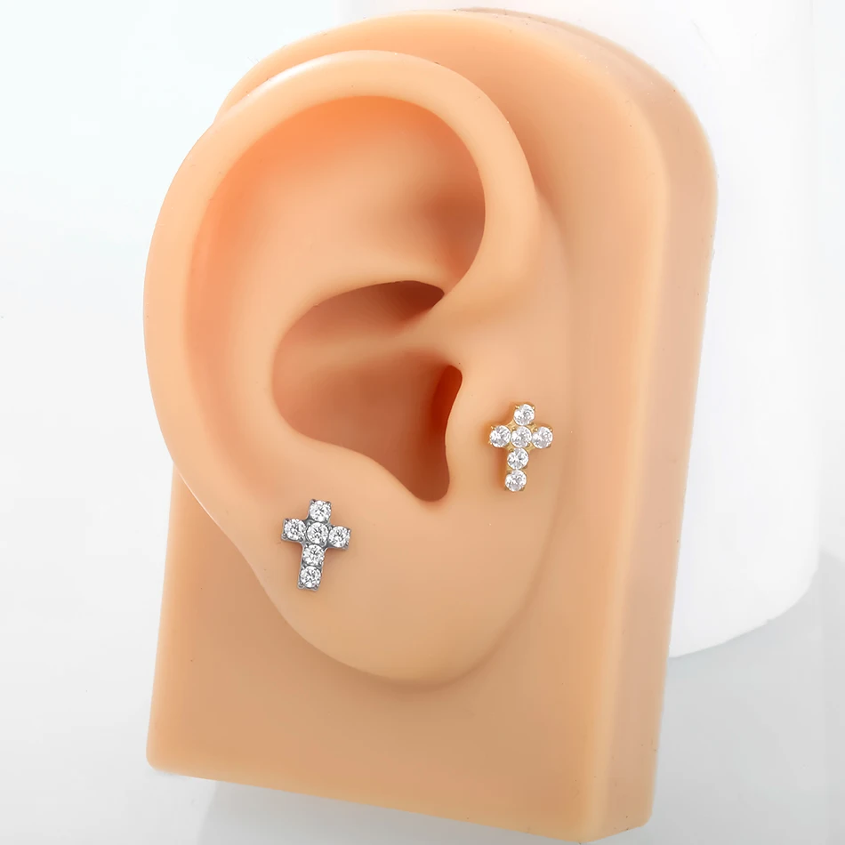 1/5pcs Implant Grade Titanium Labret Piercing Internally Threaded Flat Back Stud Earring with CZ Paved Cross Top Body Jewelry 3