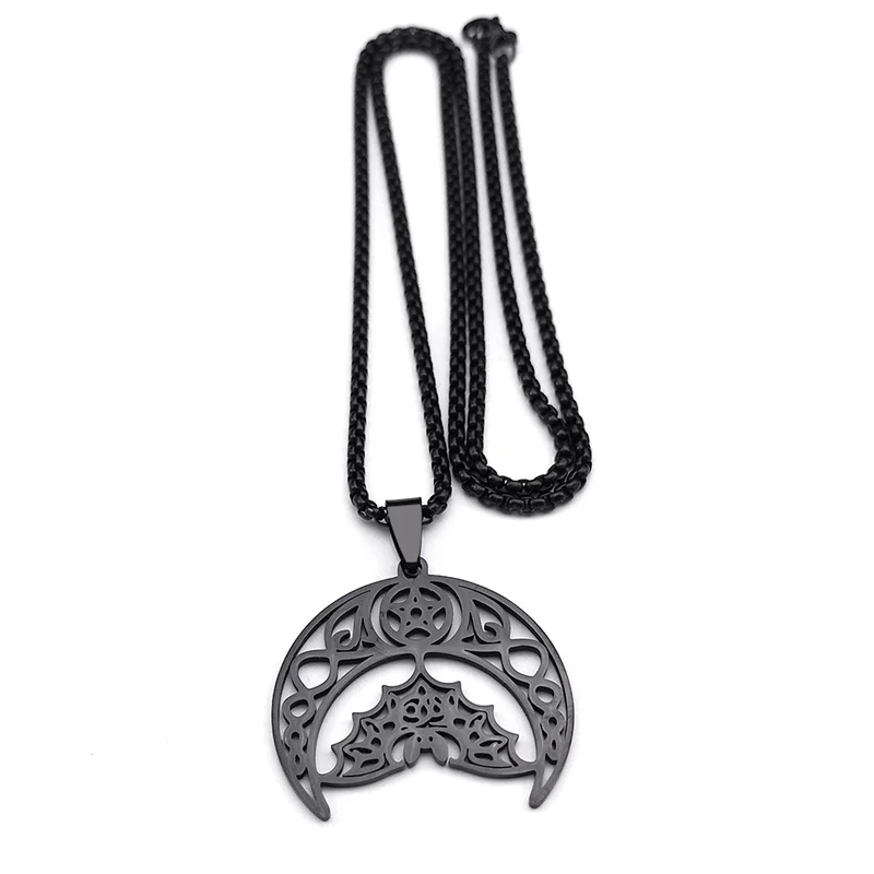 Gothic Bat Pentagramm Mond Halskette für Frauen Männer Edelstahl Schwarz Farbe Hexe Crescent Kette Schmuck kragen hombre N9742S06 – Detail 7