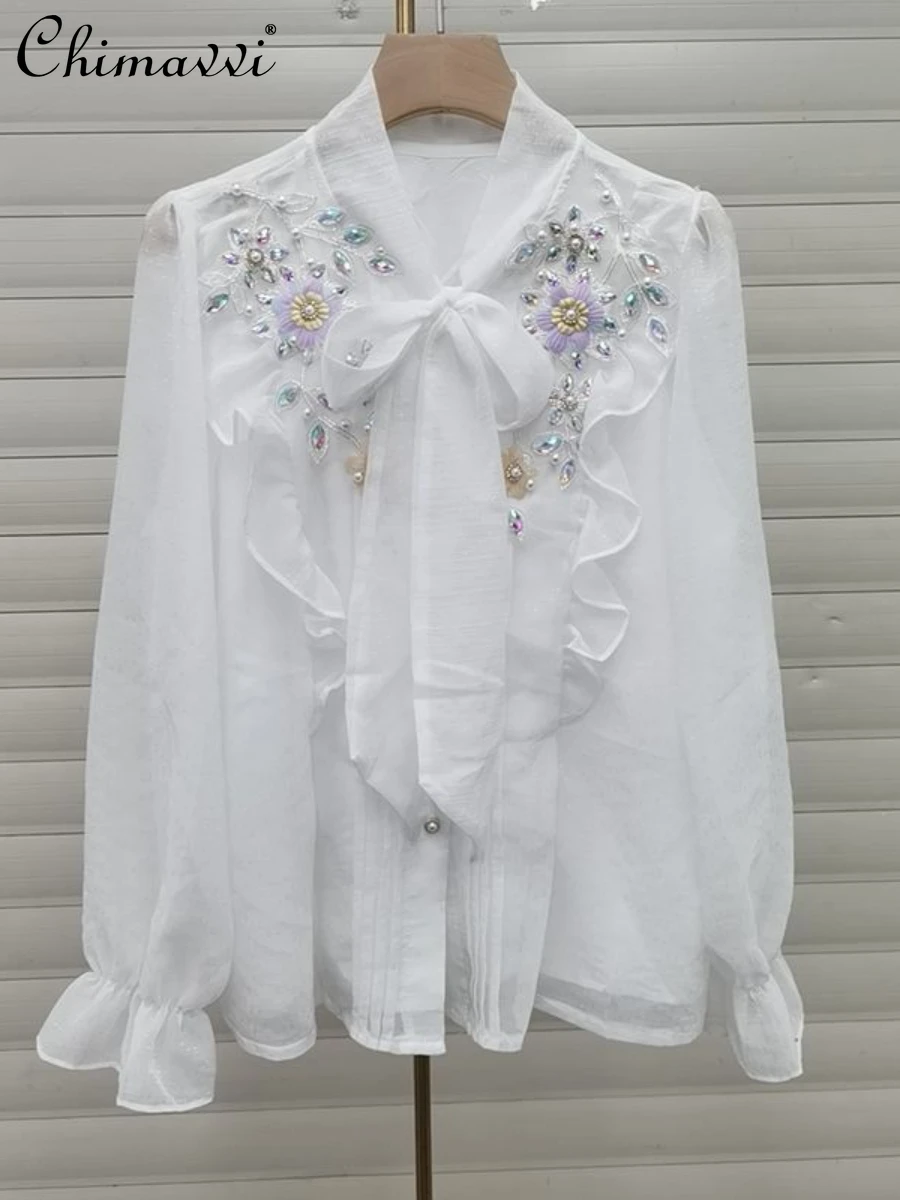 

Heavy Beads 3D Flower Bow Tie Blouse Women 2024 Spring New Fashion Loose-Fitting Long Sleeves Chiffon Shirts All-Matching