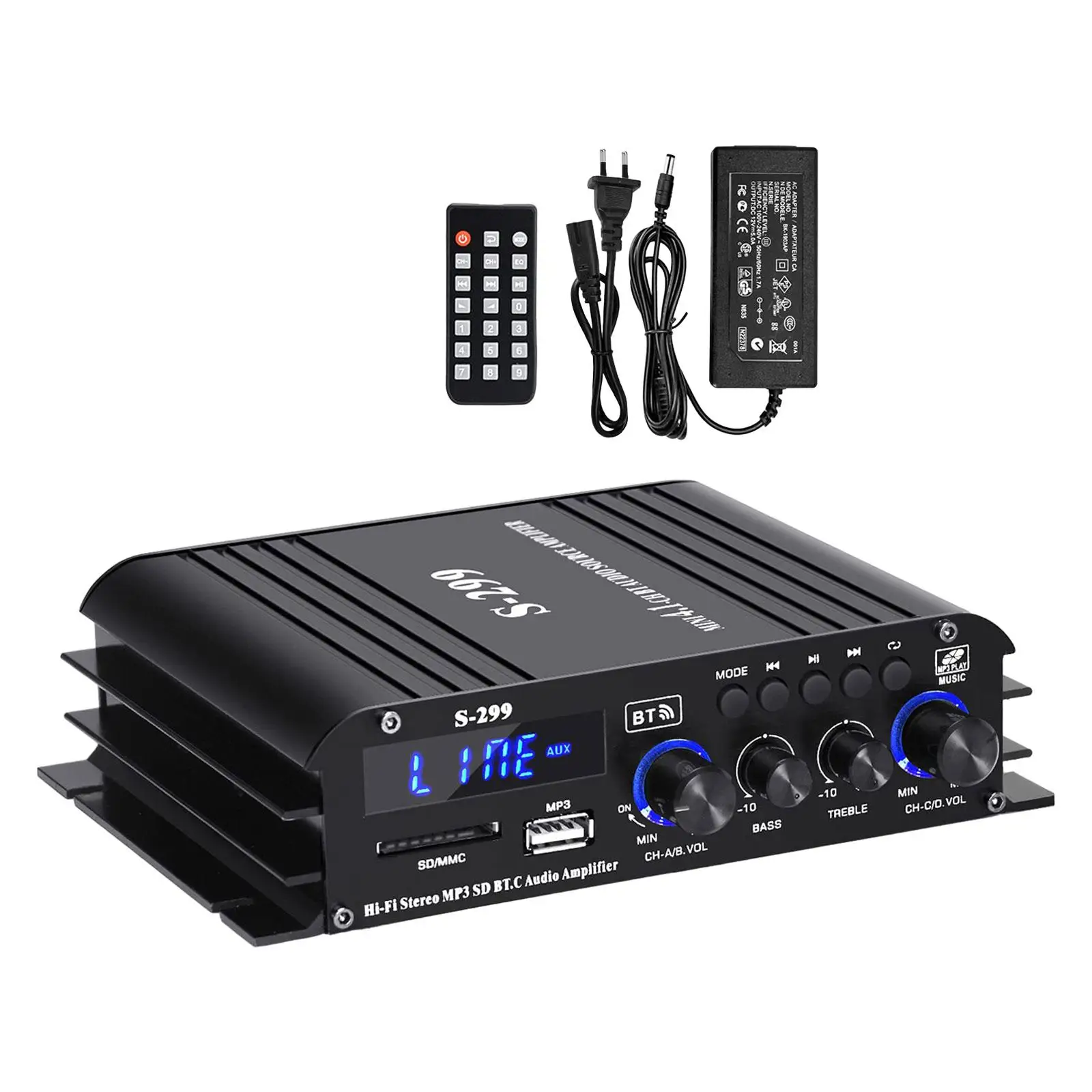 Audio Power Amplifier HiFi Stereo Amp MP3 USB AUX BT SD 4.1 CH for Car Home Bar Party Subwoofer 40wx4 with Remote Control