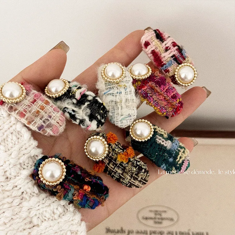 

Retro Fabric Pearl Hair Clip Cute Colorful Barrettes Winter Korean Hair Accessories Side Pin Hairpin