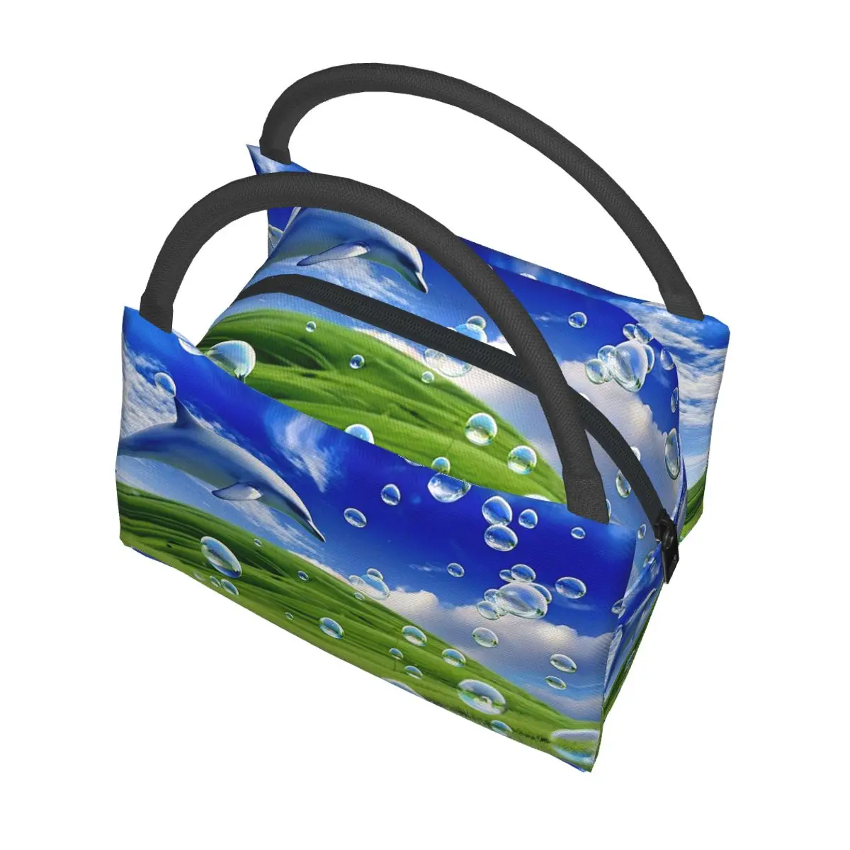 Frutiger Aero Dolphin Aesthetic Meadow With Bubbles And Mountains And Sky 도시락 가방 컨테이너 쿨러 보온 도시락 가방 토트백