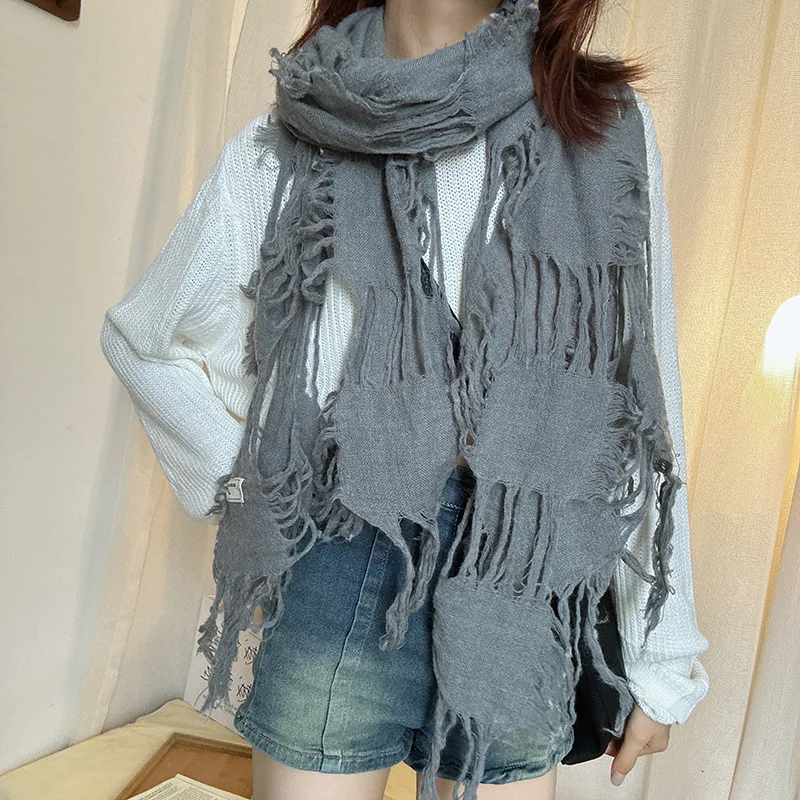 2025 Ripped Hole Tassel Vintage Scarf Men Women Autumn Spring