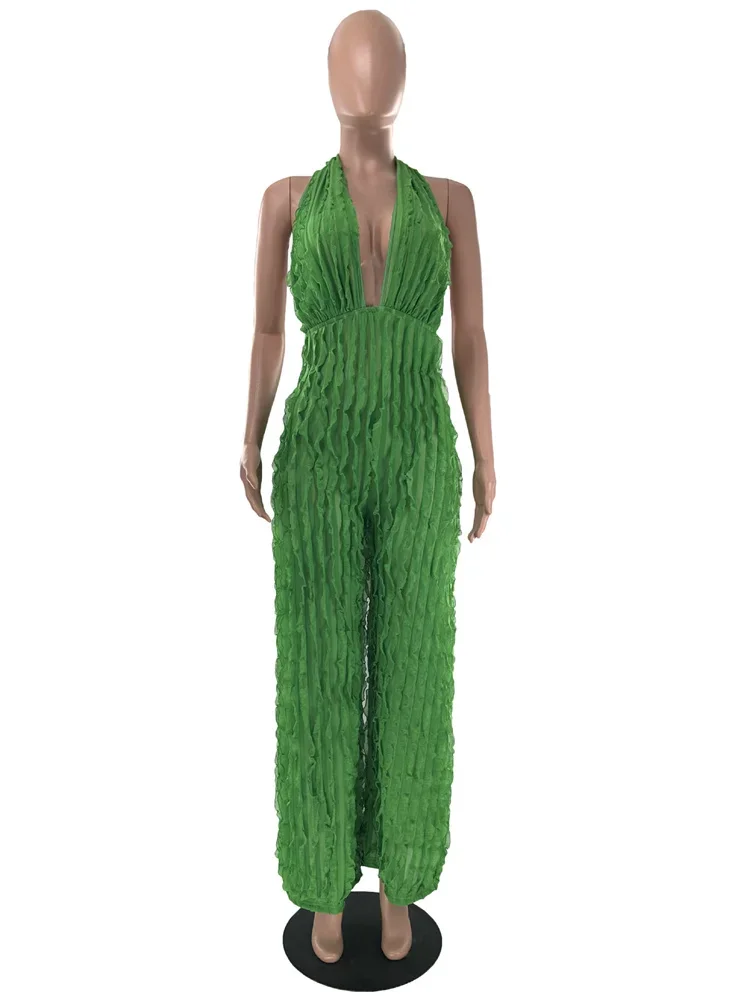 Wmster Jumpsuit Women Sexy Party Club Romper Ruffles Halter Backless Sleeveless Wide Leg Playsuit New Wholesale Dropshipping