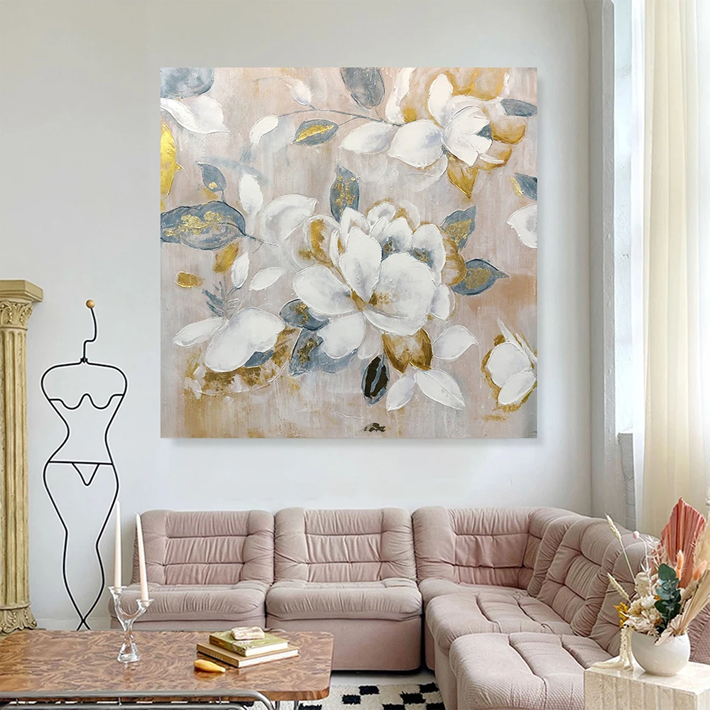 

Handmade Oil Painting Abstract Gold Leaf White Floral Oil Painting Flower Landscape Painting Living Room Wall Art Home Decor
