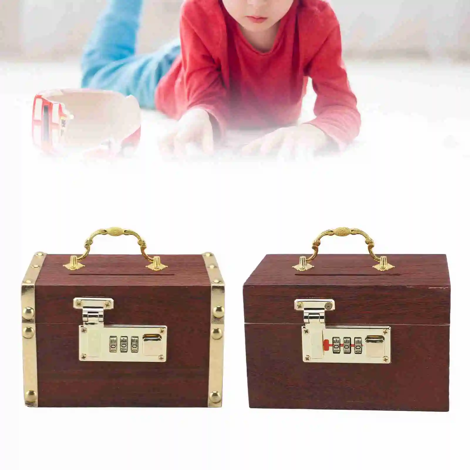 Wooden Treasure Chest Educational Large Capacity Locking Safety Multipurpose Wood Money Storage Box with Password Lock for Kids 3