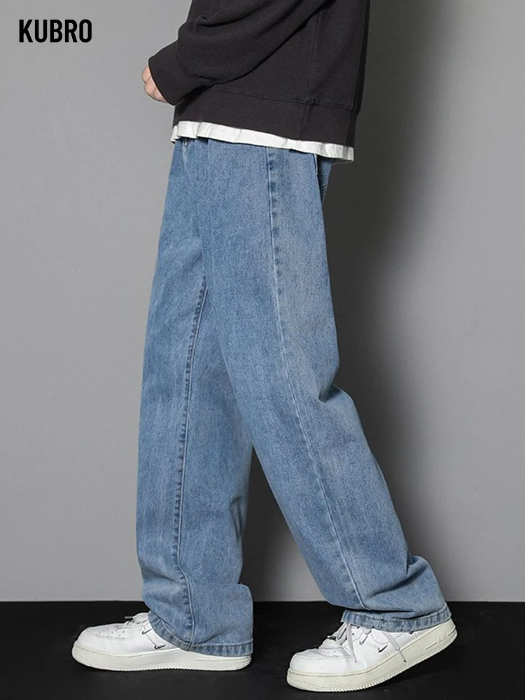 Korean Men's Casual Long Jeans Classic Man Straight Denim Wide-leg Pants Solid Color Light Blue Grey Black 3XL New