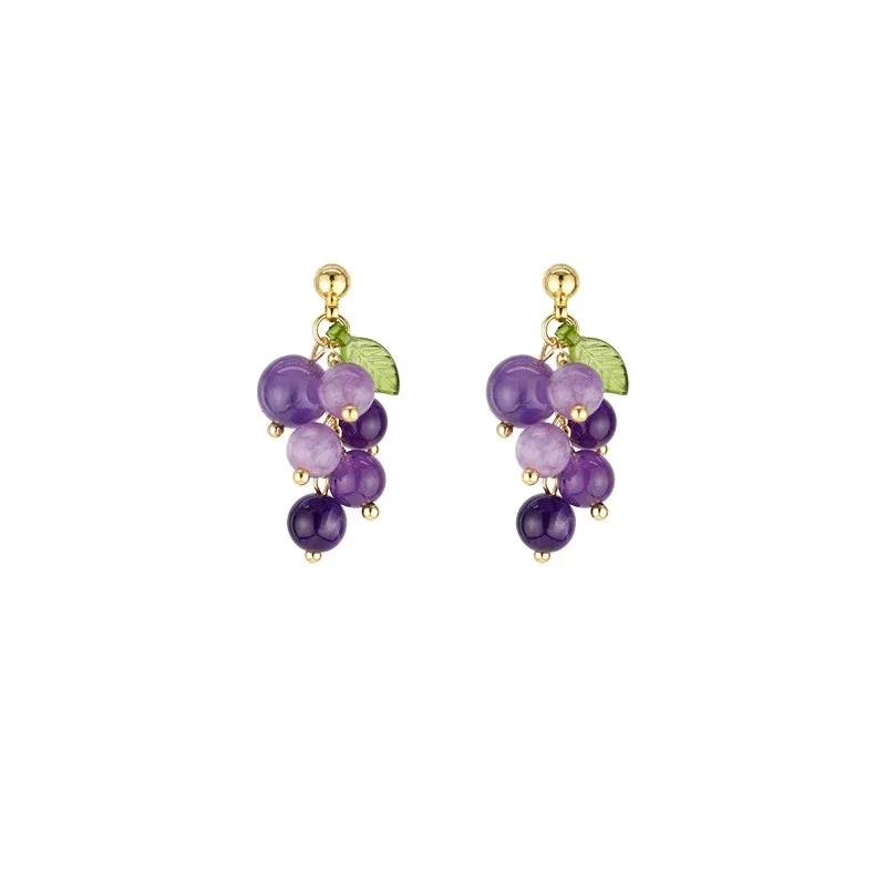 Vintage Crystal Grape Leaf Earrings Sweet Reflective Smooth Irregular Geometric Ball Fruit Drop Earrings dangle earrings drop earrings crystal earrings fruit design earrings for Women