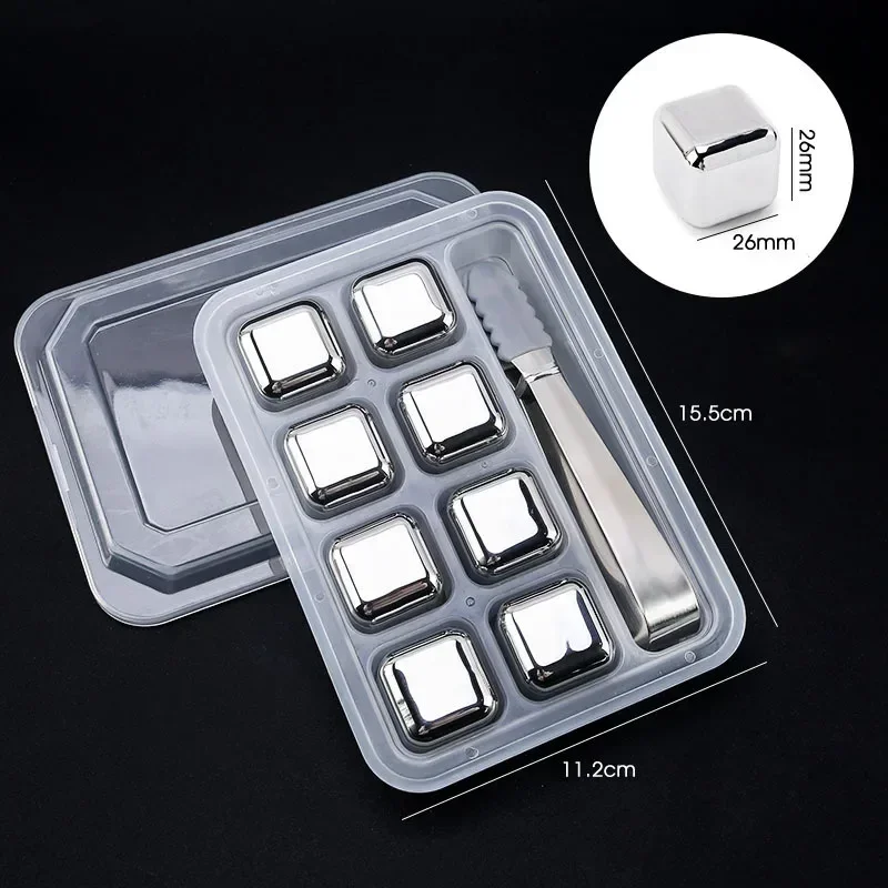 4/6/8PCS Stainless Steel Ice Cubes Set Reusable Chilling Stones for Whiskey Wine