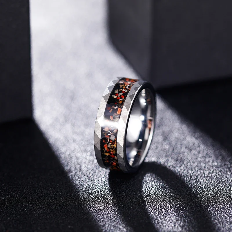 Somen 8mm Tungsten Wedding Rings For Men Dinosaur Bone Metal Slag Inlaid Hammered Edge Engagement Men's ring Fashion Jewelry 5