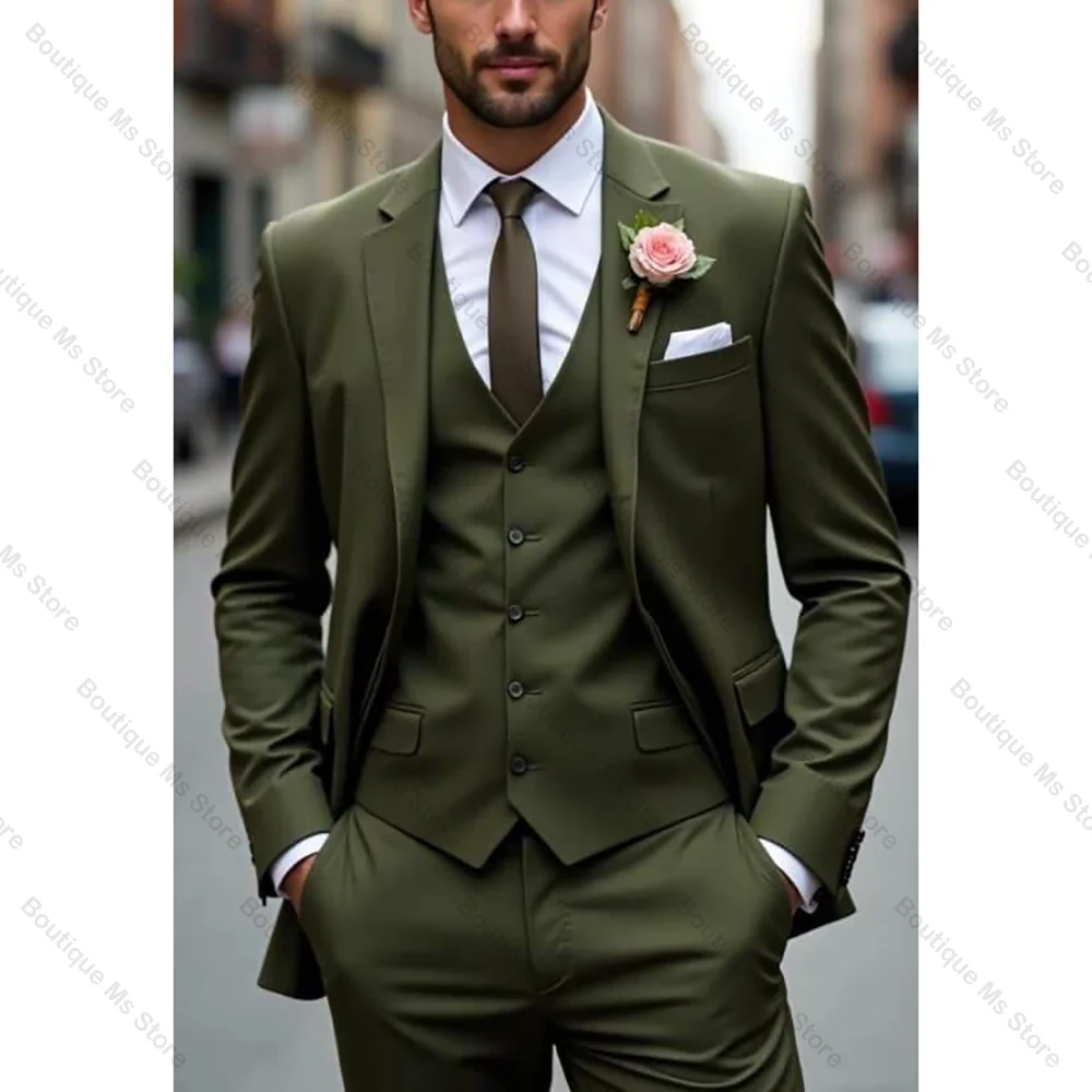 Olive Green Men Suit Single-breasted Peak Lapel 3 Pieces(Jacket+Pants+Vest) Male Formal Wedding Party Set