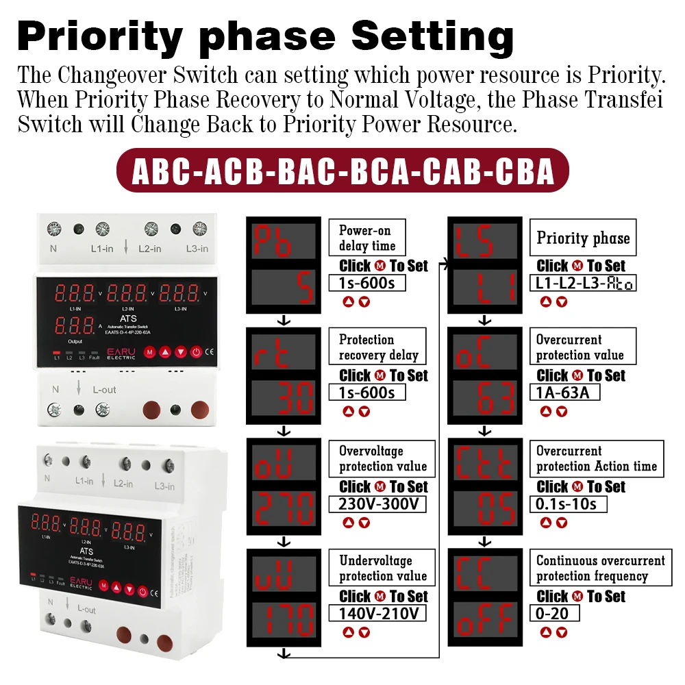 Earu EAATS-D-4-4P-220-100A 3P+N 3 Phase Overvoltage and Undervoltage Protector Earu 63A 100A ATS Automatic Transfer Switch Phase Selector Overcurrent Protection and Uninterrupted Power - Image 3