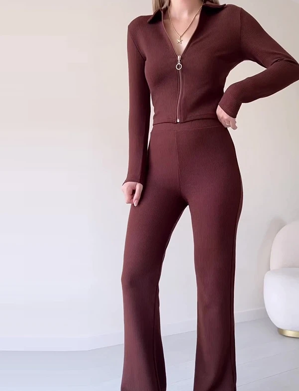 

Womens Two Piece Sets Outfit Solid Color Zipper Polo Neck Short Top Micro Flared Pants Set 2023 Autumn Spring New Fashion Casual
