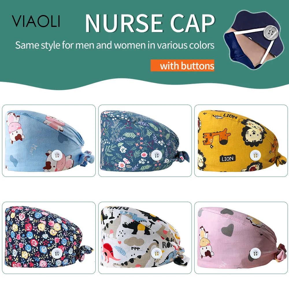 

100% Cotton Unisex Scrubs Cap Buttons Cartoon Printing Scrub Caps Nurse Accessories Pet Hospital Surgicals Hat Chef Lab Work Hat