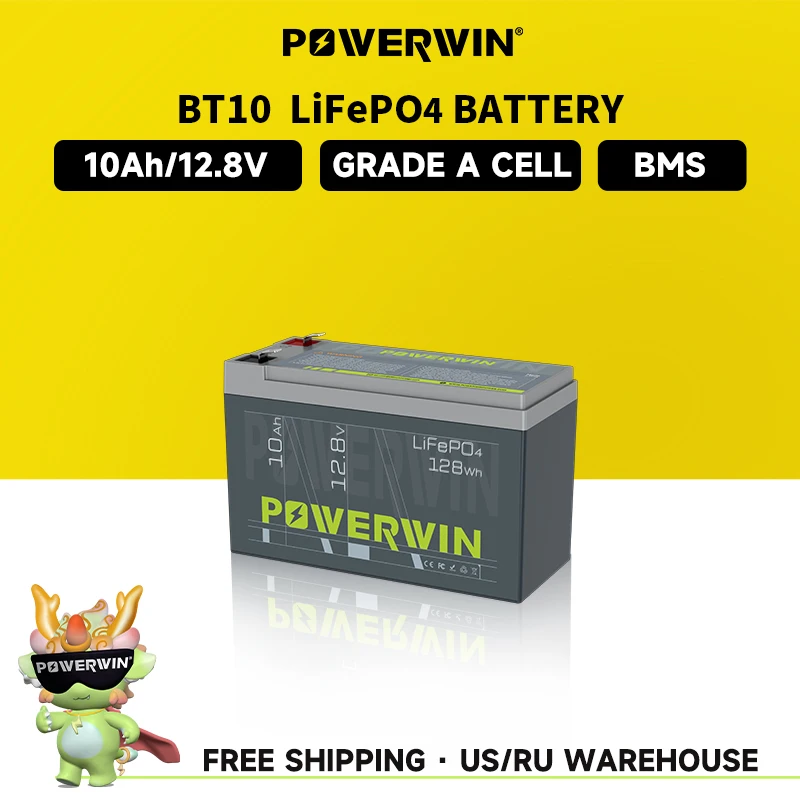 Powerwin Bt10 12.8v 10ah Lifepo4 Bateria 128wh 4000+ Ciclo Profundo Bms Recarregável Ups Off-grid Energia Solar Brinquedo Elétrico