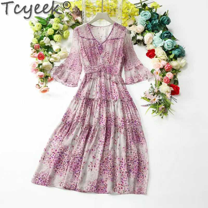 

Tcyeek Summer Dress Print 100% Mulberry Silk Long Dresses for Women Clothes Elegant and Pretty Women's Dresses Vestido Feminino