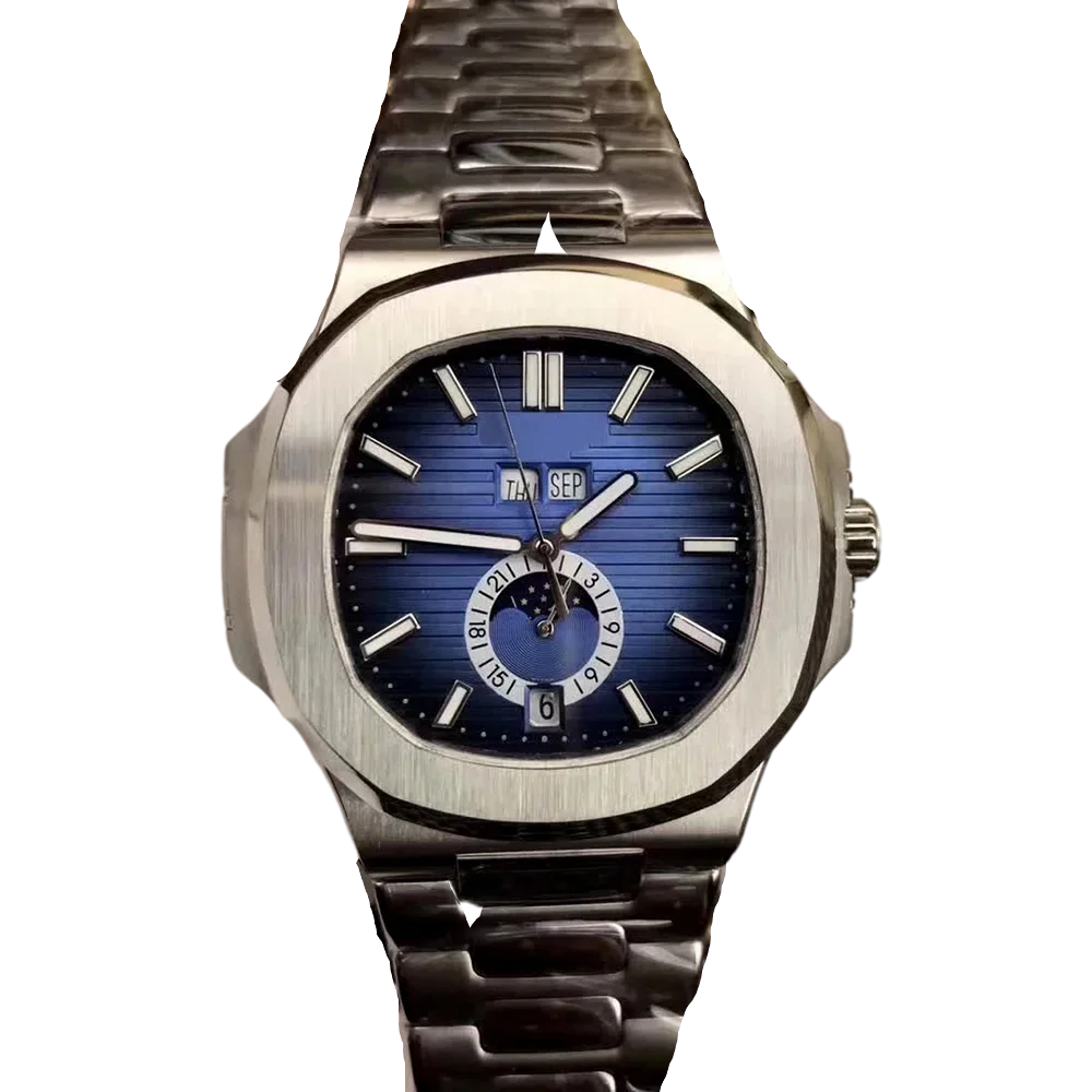 

Luxury New Mechanical Mens Watch Automatic Dual Time Moon Phase Black Blue Reloj Hombre