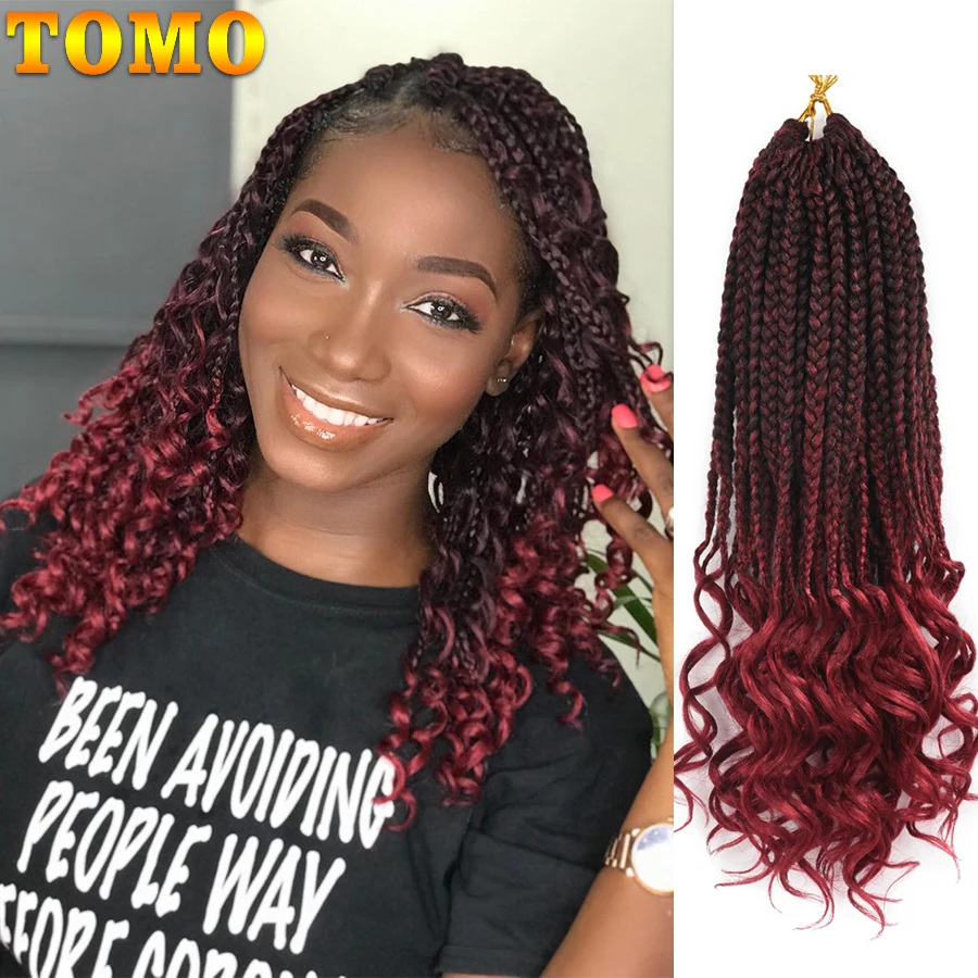 TOMO 14 18 24 Inch Box Braids Curly Ends Synthetic 22 Strands Hair Weaves Crochet Hair Extensions 6 Colors Black Red Available