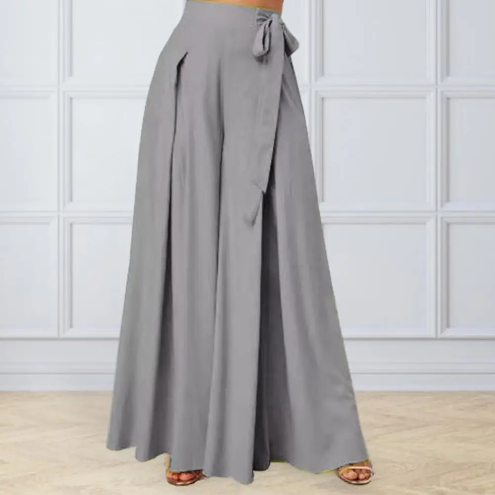 

Elegant High Waist Pleated Solid Flare Trousers Fashion Summer Women Loose Wide Leg Pants Lace-up Bow Tie Long Pantalon Pants