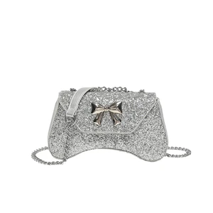Ladies Chain Small Shoulder Bag Luxury Party Shiny Leather Silver  Handbag Girls Shopping Zipper Messenger Purse With Bow Knot