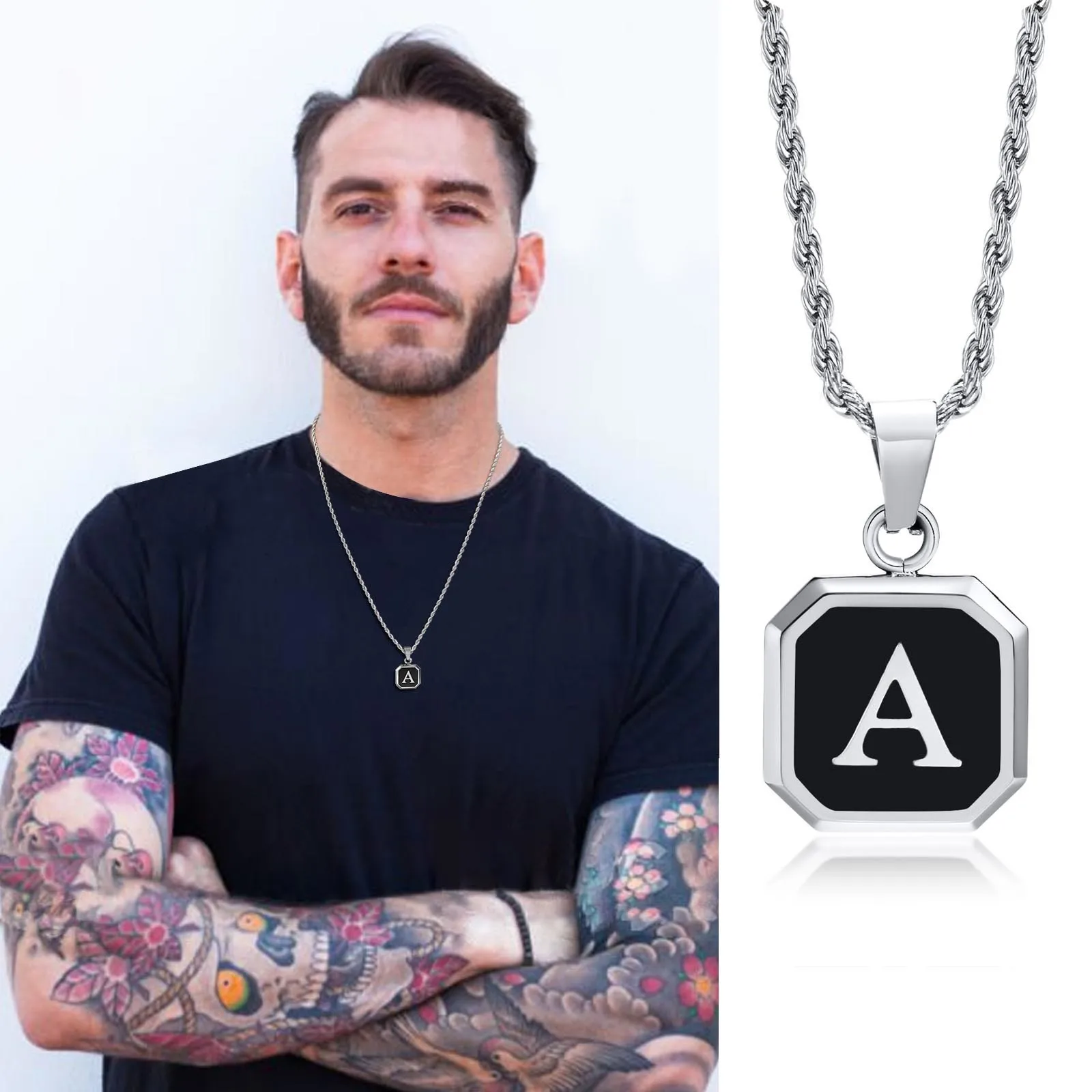 Aanvankelijke Letter Hanger Ketting Voor Mannen Jongens, Vierkante Hoofdletter Monogram Ketting Alfabetten Van A-Z Gedraaide Touw Ketting Kraag