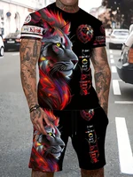 New Men's Summer Casual Everyday Short Sleeve and Shorts Set Cool The Lion King Print T-Shirt and Drawstring Short Set Men's Set 1