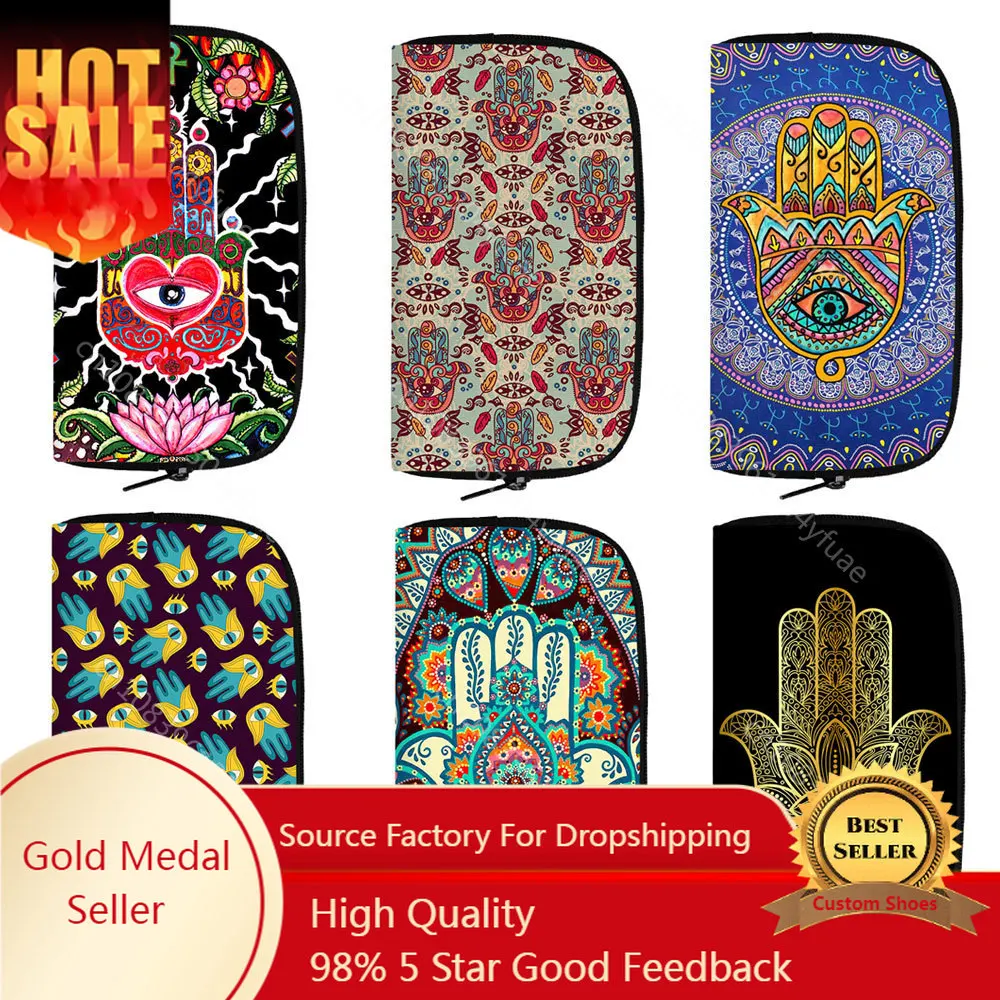 

Hamasa Hand of Fatima Wallet Women Purse Lucky Hamsa Hand Money Coin Bag Ladies Clutch Credit Card Phone Holder Long Wallets