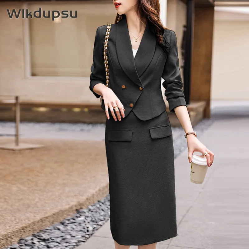 

Vintage Retro Women Skirts Suit Elegant Long Sleeve Blazer Jacket Top Two Pieces Set Outfits High Waist Skirt Office Workwear