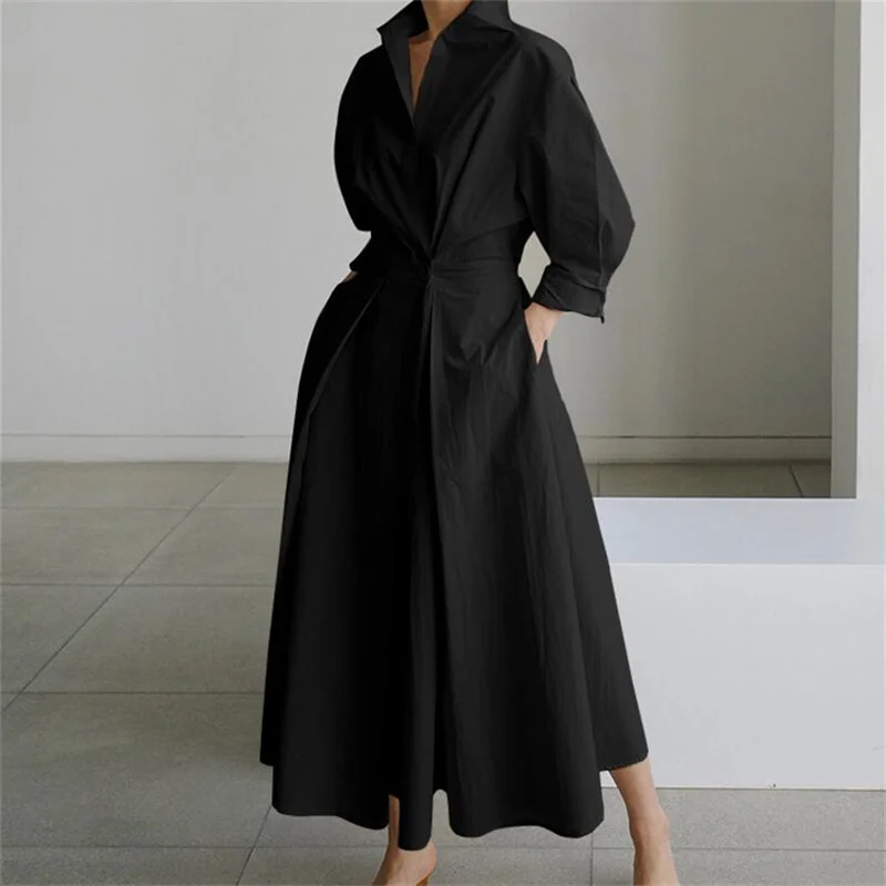 Abito con maniche a camicia con colletto POLO Abiti maxi larghi oversize da donna Streetwear Abiti a trapezio in cotone e lino Big-hem Primavera Estate - immagine 5