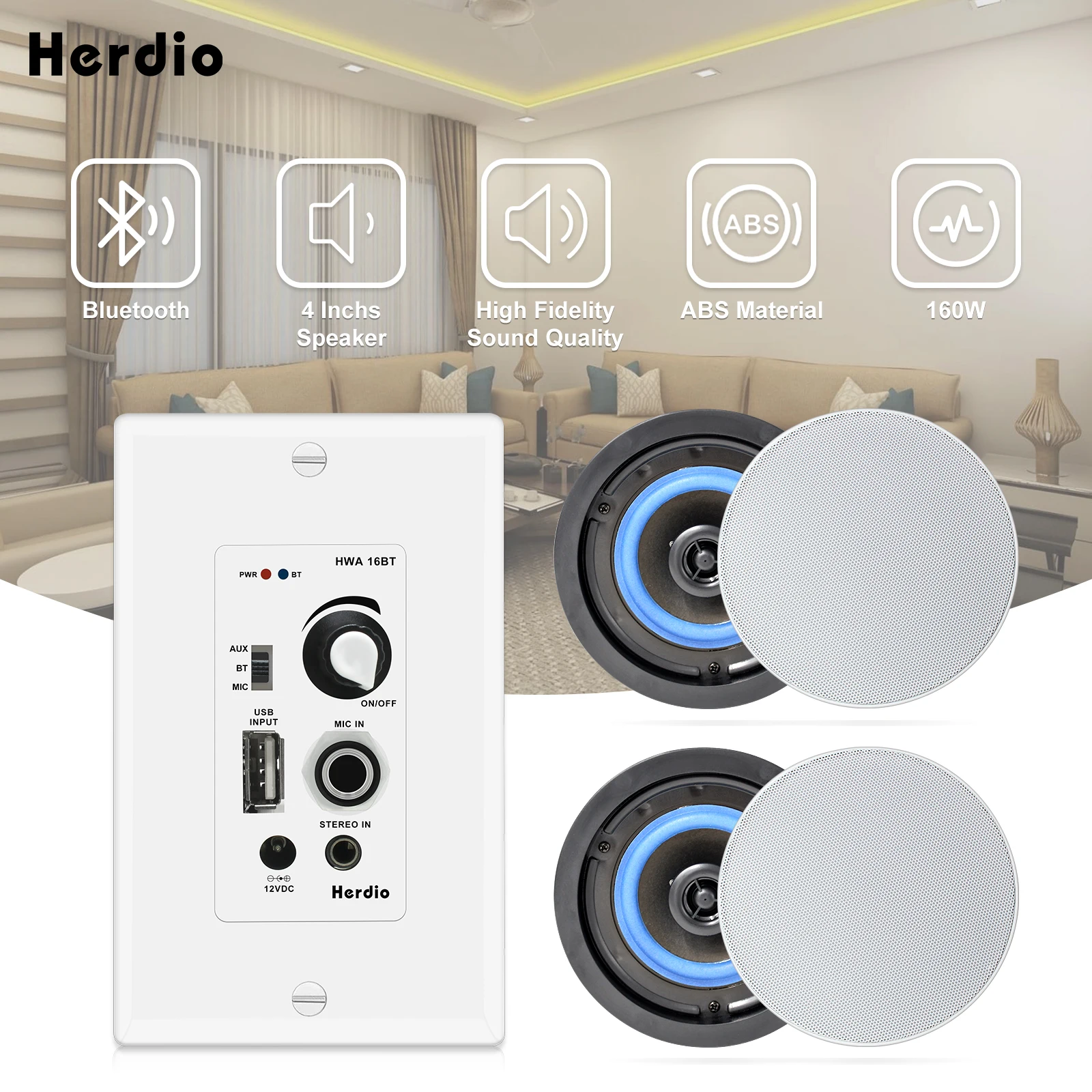 Bluetooth Wall Ceiling Speaker Herdio 4&lsquo;&rsquo; 160W 2Way Ceiling Bluetooth Speakers Audio Control Amplifier Receiver For Home Audio Loundspeaker Stereo Music Player