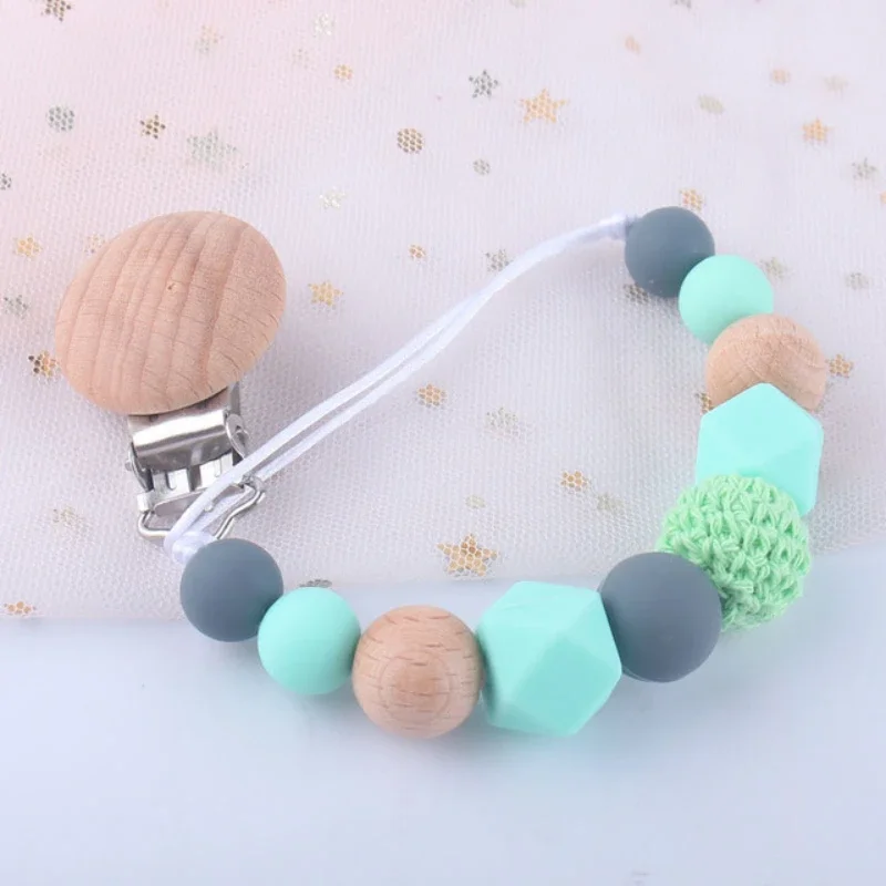 Silicone Dummy Clips Baby Pacifier Leashes & Cases Infant Teething Toys Beech Cartoon Wooden Chewable Toy Newborn Shower Gifts