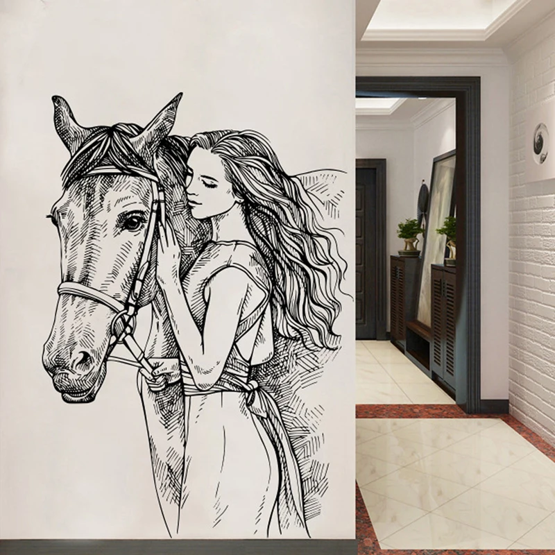 

Наклейки на стену с изображением прекрасной лошади и красивой женщины для гостиной, спальни, прихожей, самоклеящаяся картина, украшение дома pvc.392