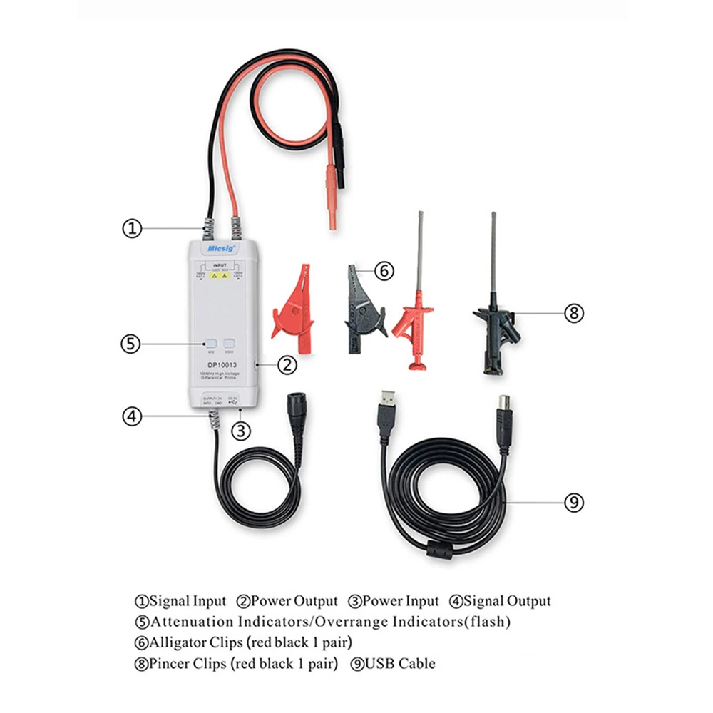 

High Voltage Differential Probe Kit NEW Micsig Oscilloscope 1300V 100MHz 3.5ns Rise Time 50X/500X Attenuation Rate DP10013