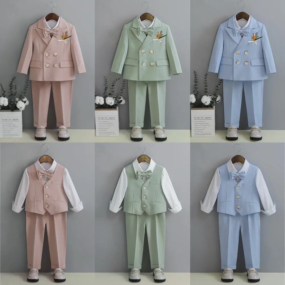 Child Fomal Dress Suit Set British Style Baby Boys Wedding Birthday Party Performance Costume Kids Blazer Pants Bowtie Clothes boys suits