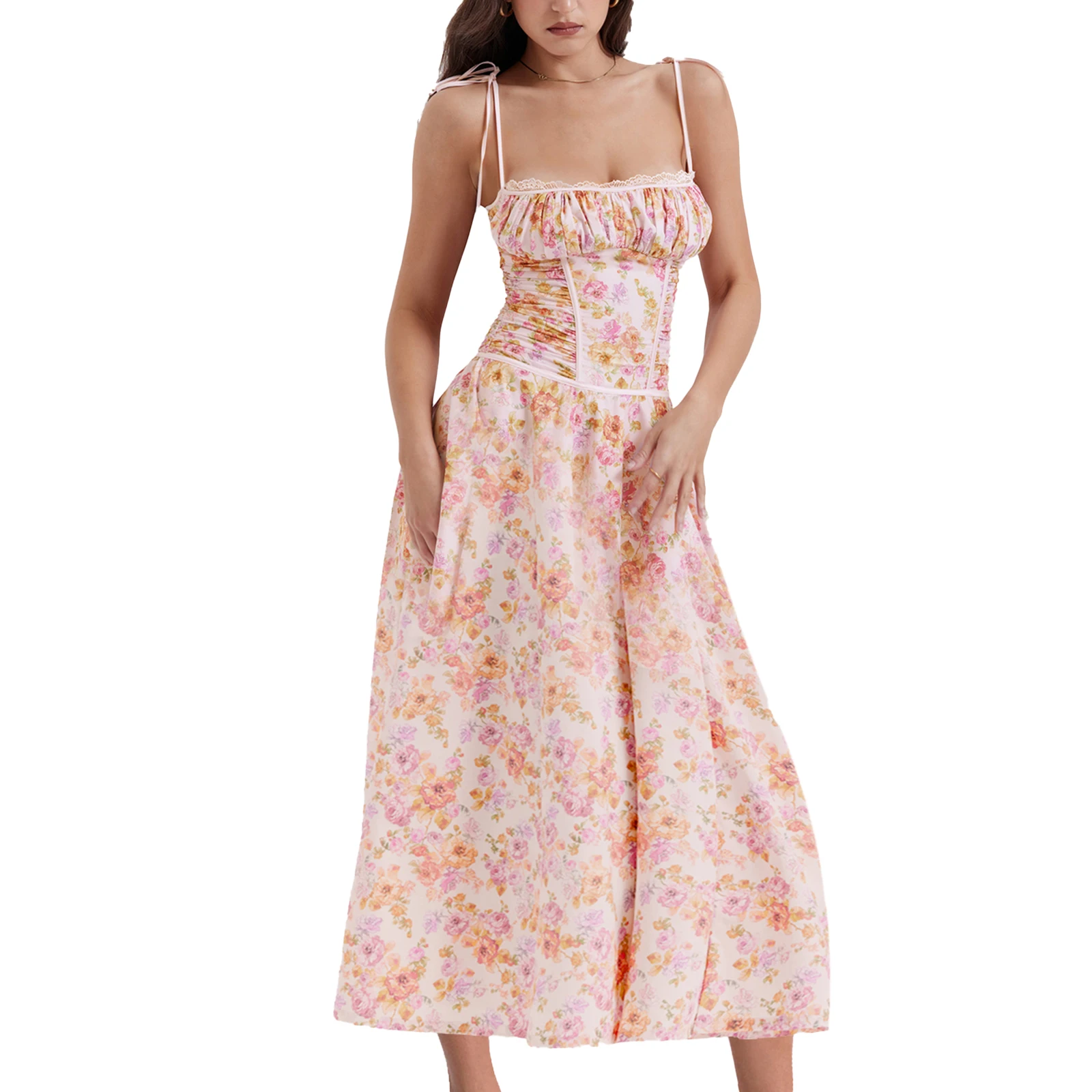 

Women A-line Long Dress Floral Print Solid Color Lace Trim Sleeveless Cami Dress Summer Casual Beach Party Dress