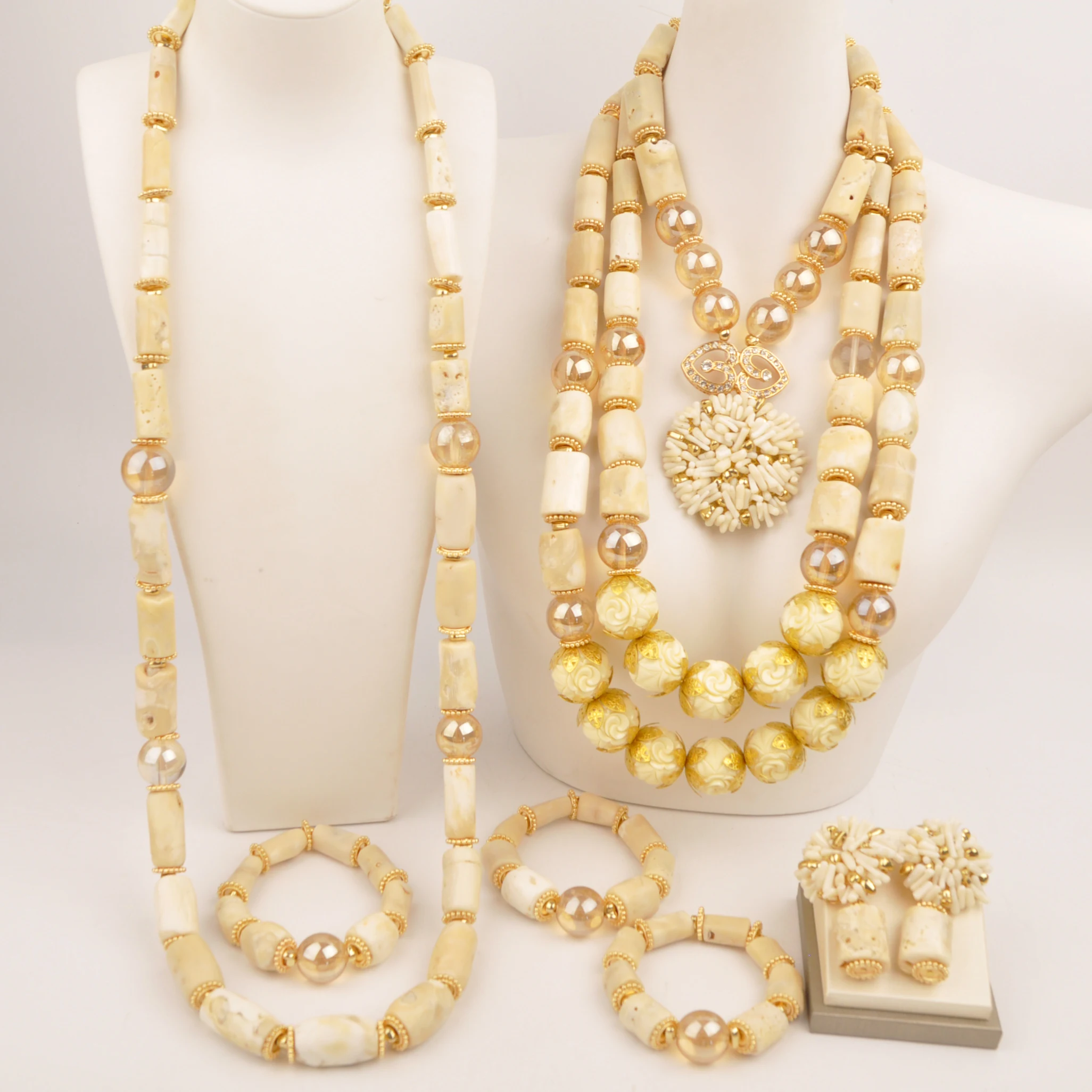 

Fashion Nigerian Bride White Natural Coral Bead Necklace African Wedding Jewelry Sets