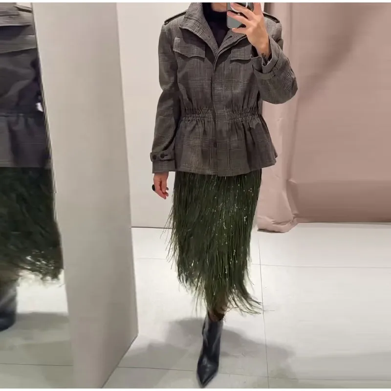 Women's Olive Green Sequin Fringe Midi Skirt Sparkly Tassel Party Skirt for Evening Clubwear 2025 Festival New Sexy Lady Skirts 26 Sc8309c1e48f544a2a72716056b1665b7I