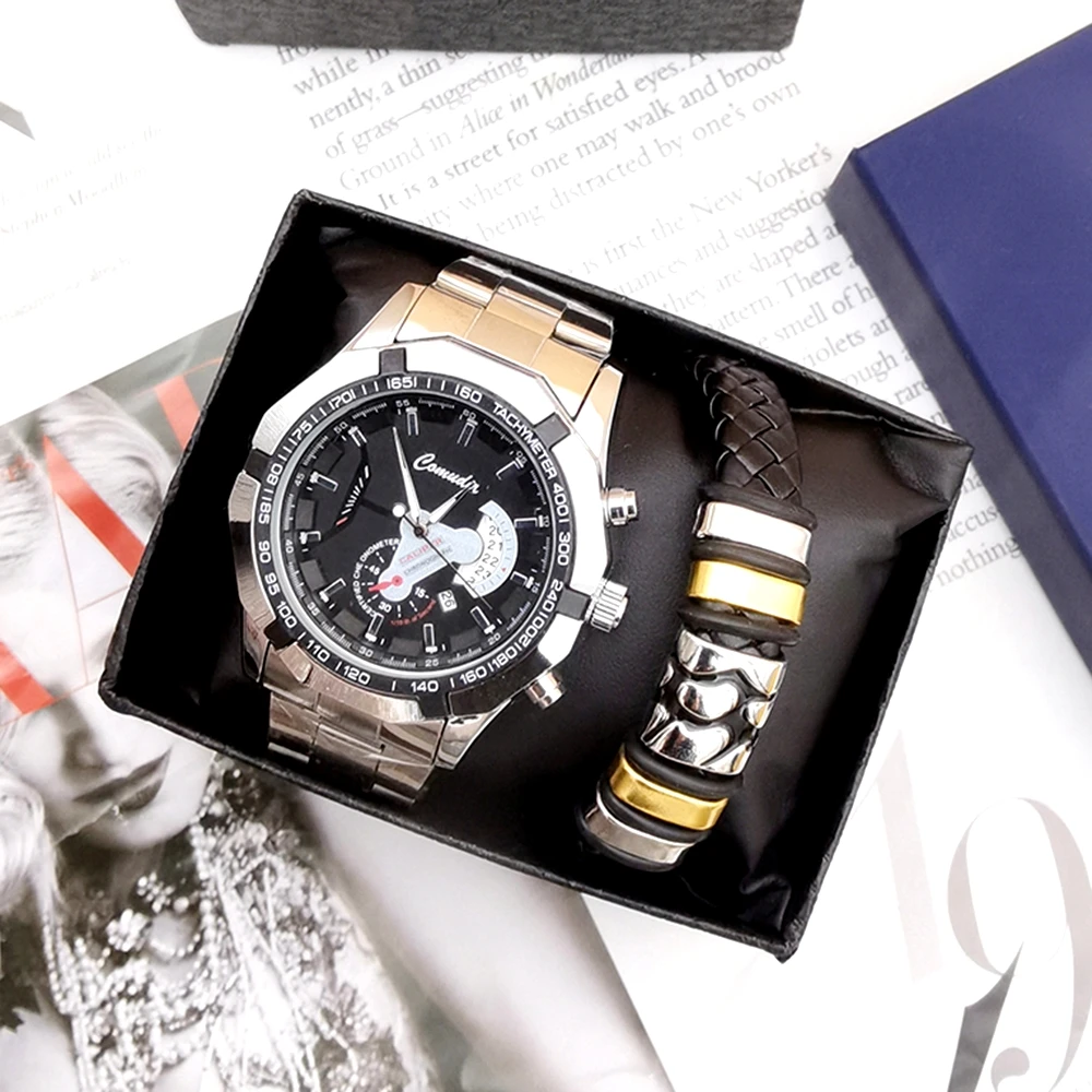 Top Brand Luxury Watch Fashion Casual Military Quartz Sports Wristwatch Full Steel  Men's Clock Male Bracelets 2Pcs With Box